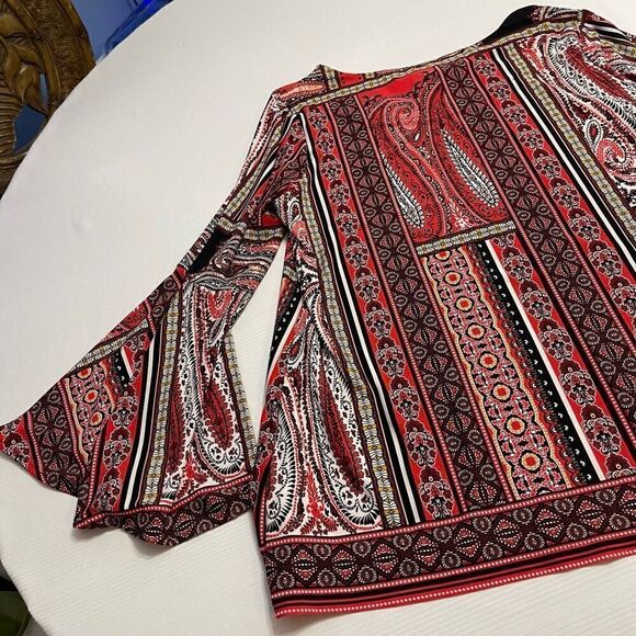 Chicos Boho Paisley Stretch Orange Red Bell Sleeve Blouse Top Size 2 US Large - Picture 10 of 11